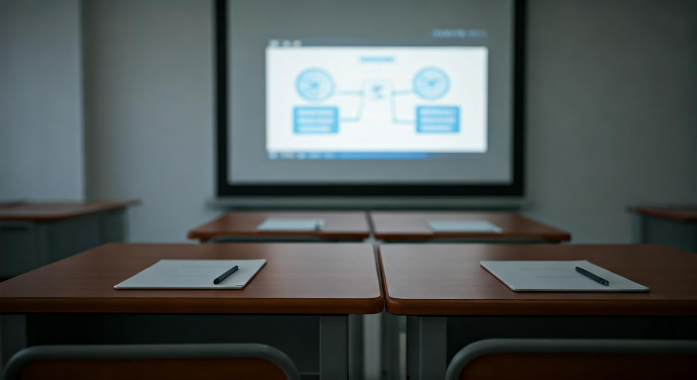 Quiet classroom with desks, notebooks, and a projector screen showing a campaign structure diagram, illustrating a focused learning environment.