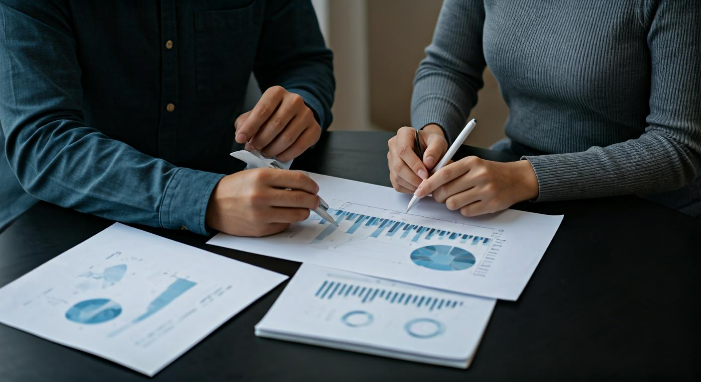 Two marketing specialists discussing a PPC account plan with printed charts and laptop screens, representing collaborative learning and local market expertise.