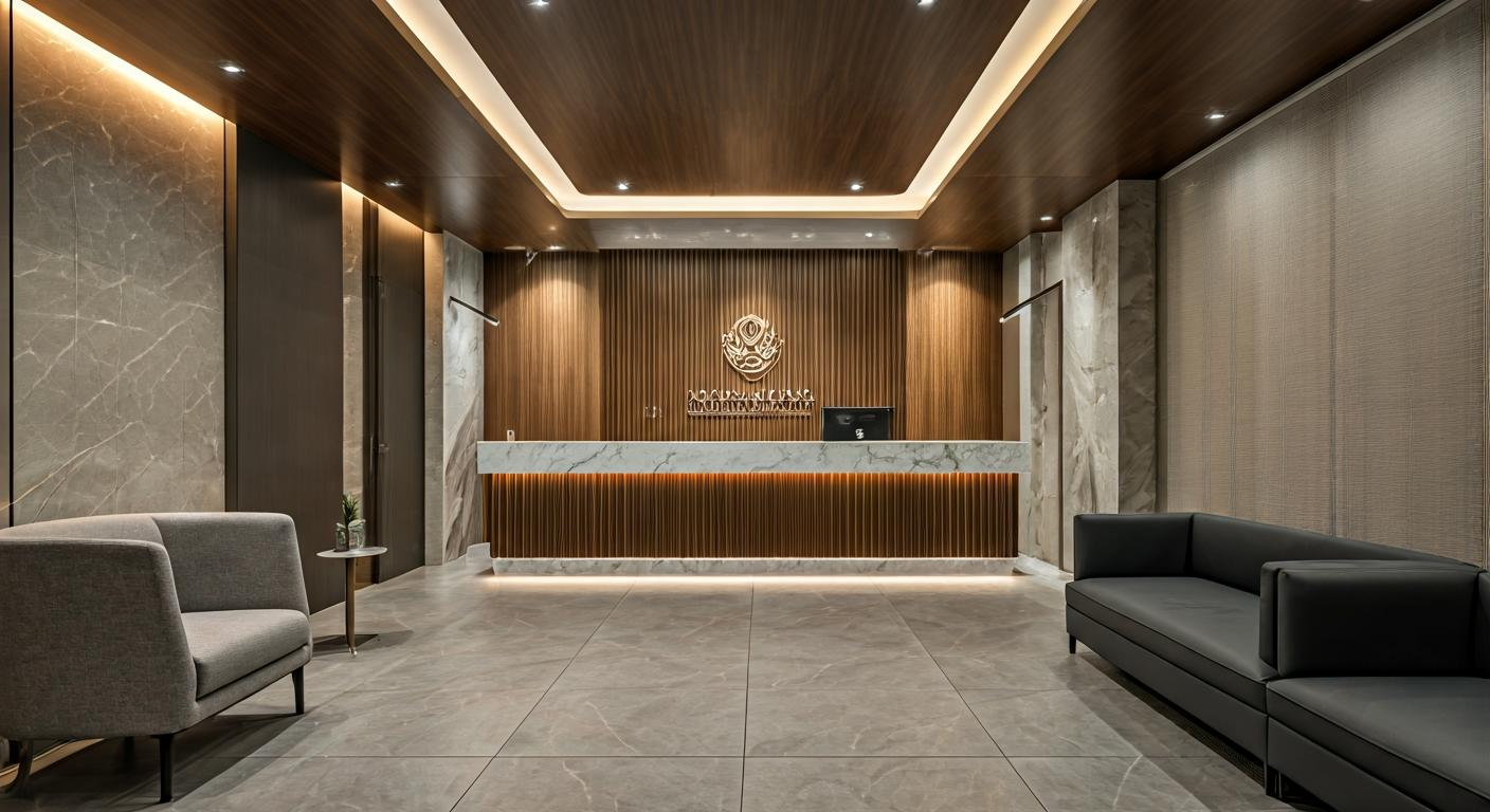 Reception area of a modern Kuala Lumpur office with neutral tones, minimal seating, and a welcome desk, representing the academy’s professional environment.