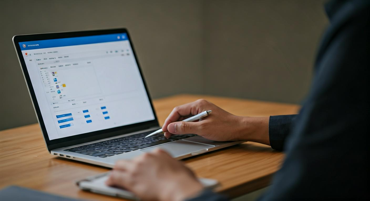 Focused professional reviewing Google Ads dashboards on a laptop beside planning notes, showing a clean workspace with charts and campaign structure used in Malaysian PPC training.