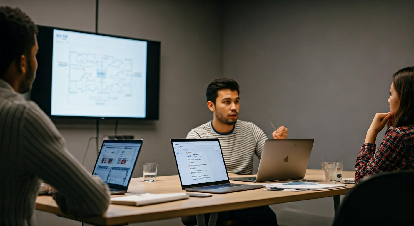 Small group learning session in a modern training room, with laptops open to ad platforms and a facilitator explaining a PPC framework on a wall screen.