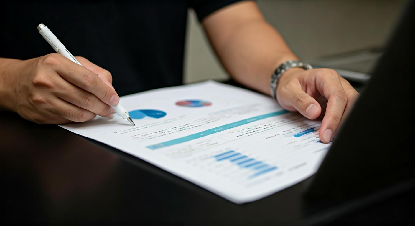Analyst reviewing a printed Malaysia PPC case study with charts, a campaign timeline, and annotated notes indicating optimization steps and performance shifts.