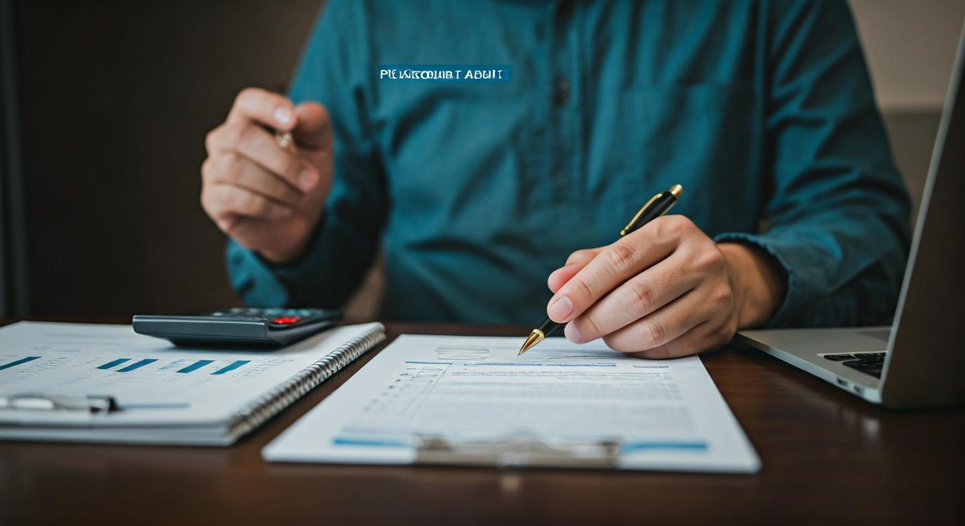 Marketing specialist reviewing a PPC account audit report with a checklist and laptop, illustrating a structured evaluation of campaign performance.