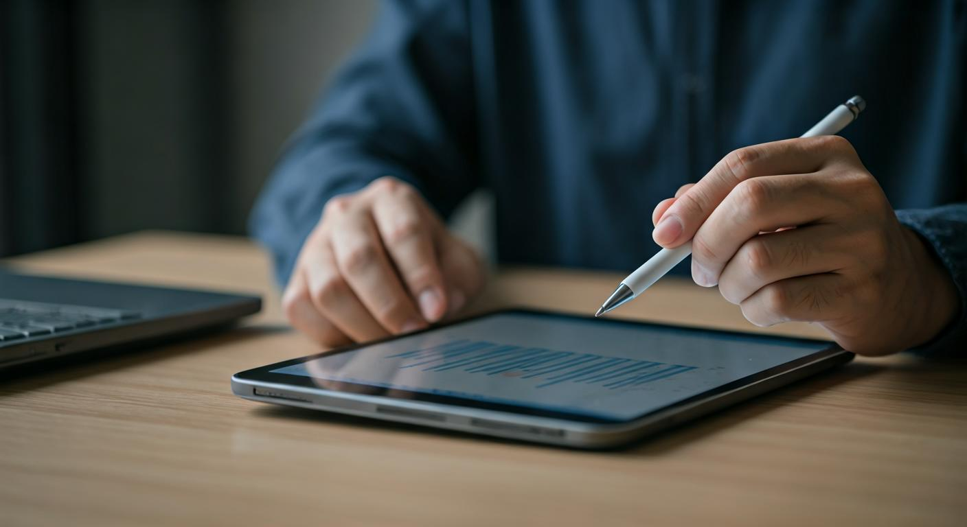 Marketer analyzing PPC optimization notes with a tablet showing performance trends, illustrating the process of refining campaigns based on data.