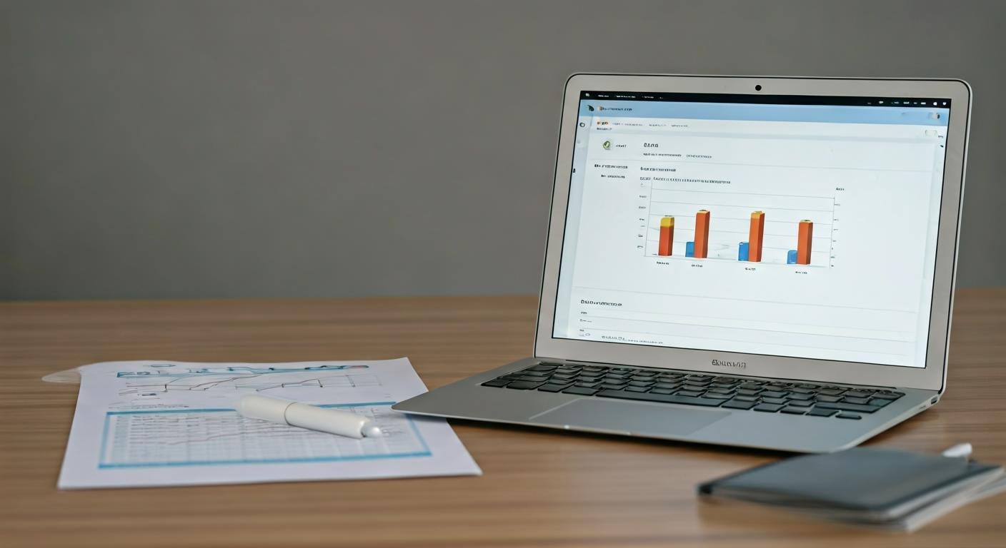 Desk with open laptop showing ad manager interface, printed KPI report, and a notebook labeled measurement plan, representing the PPC toolkit used in training.